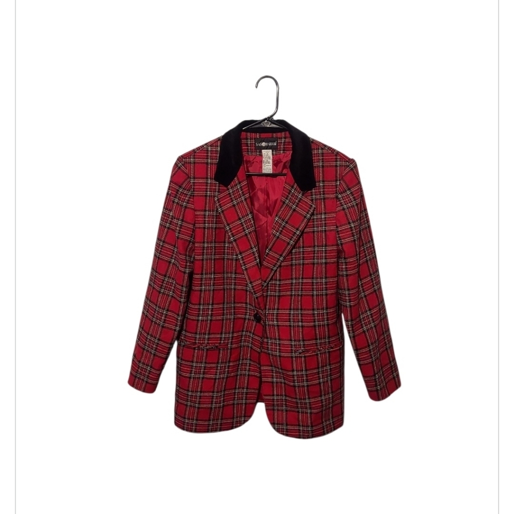 Vtg Y2K Wool Blazer 12 Red Tartan Plaid Velvet Collar Preppy Old Money Christmas